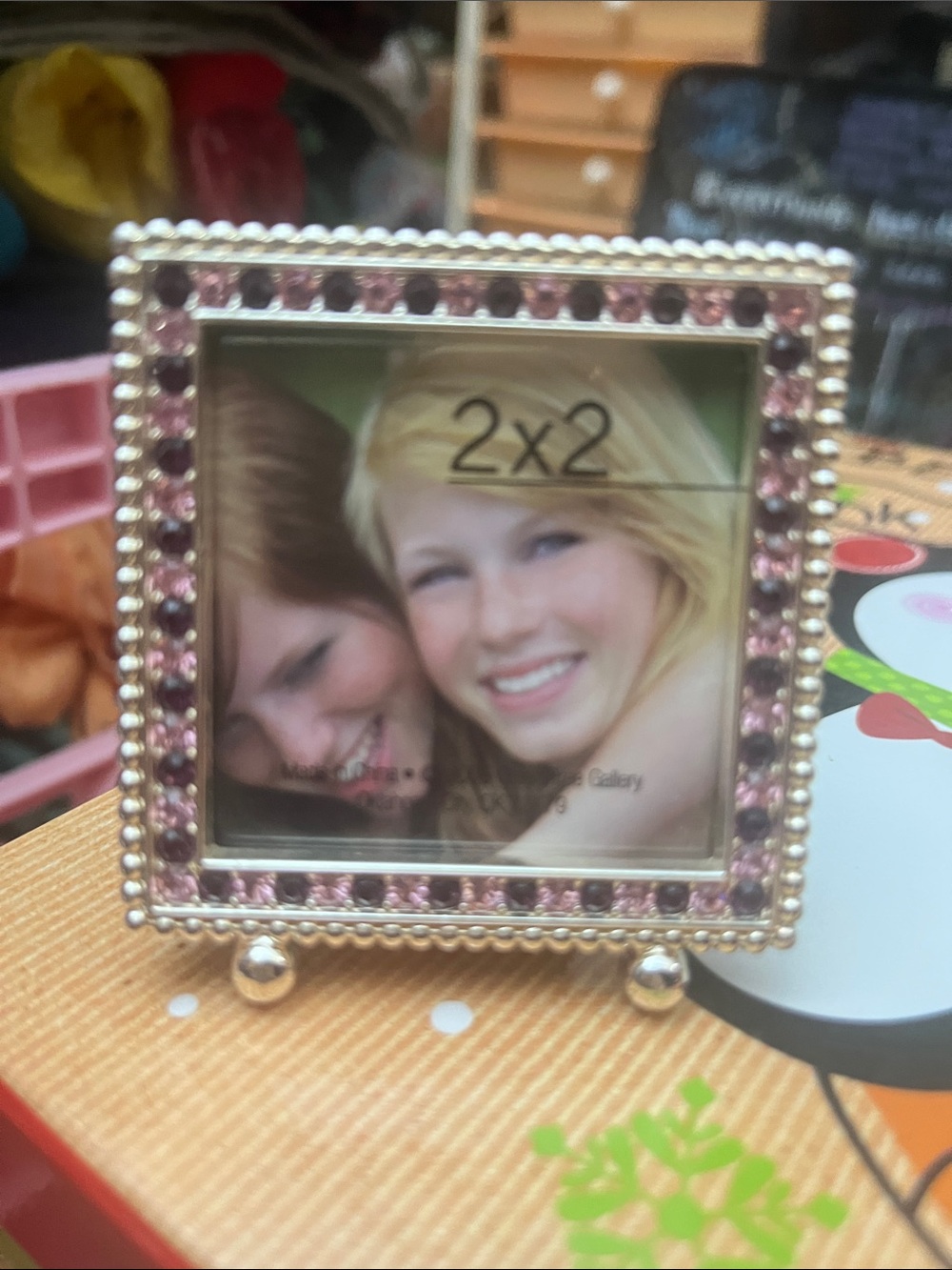 Miniature Pink and Maroon gem borders encased in silver 2 x 2” frame 490